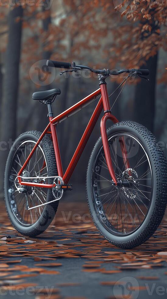 Red fat tire bicycle on autumn leaves in a forest setting photo