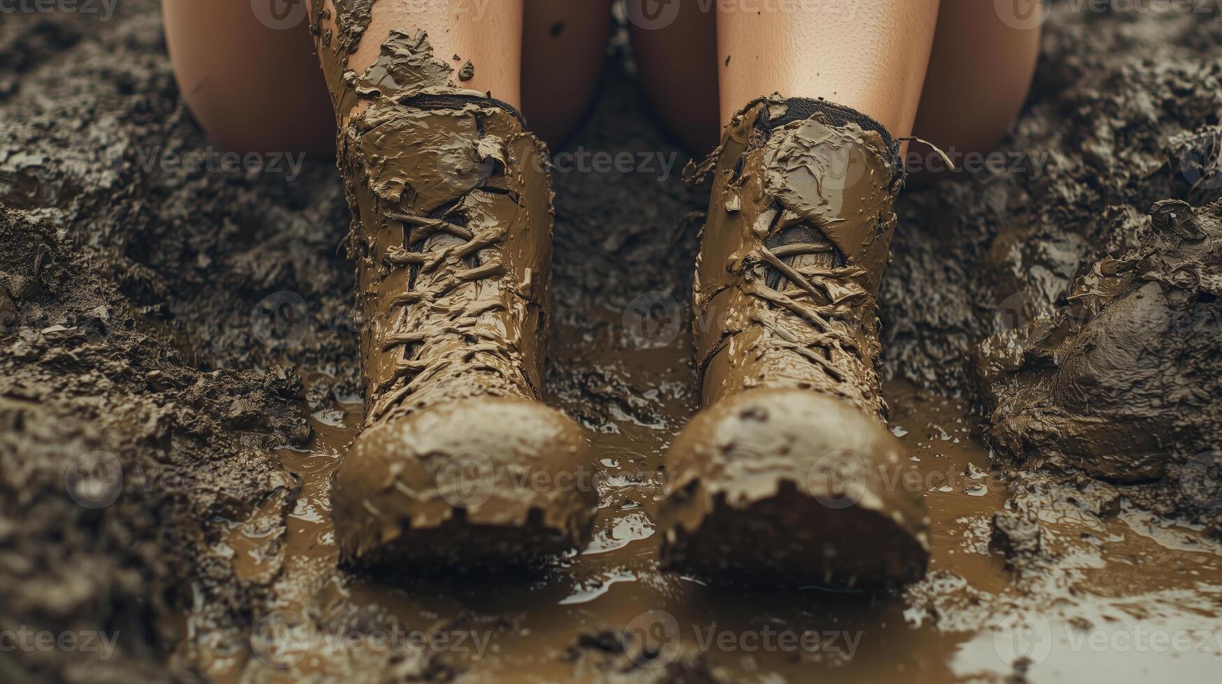 Close-up of muddy boots resting in wet soil during outdoor adventure or hiking experience photo