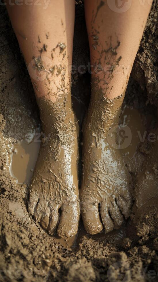 Bare feet covered in mud while standing in wet soil photo