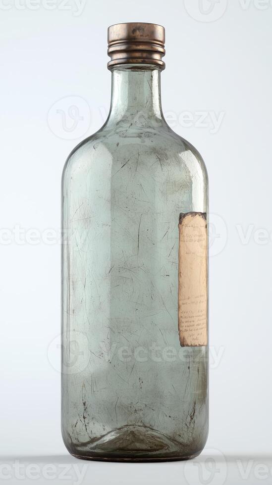 Vintage grey glass bottle with metal cap and label on white background photo