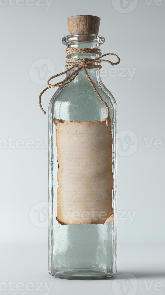 Glass bottle with cork and blank aged paper label tied with string photo