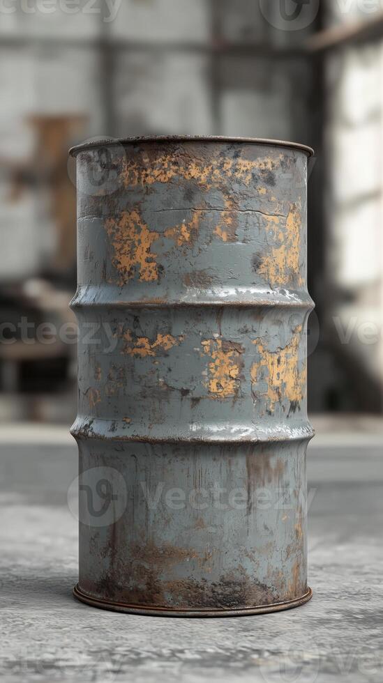 Rusty blue metal barrel with chips and scratches in urban setting photo