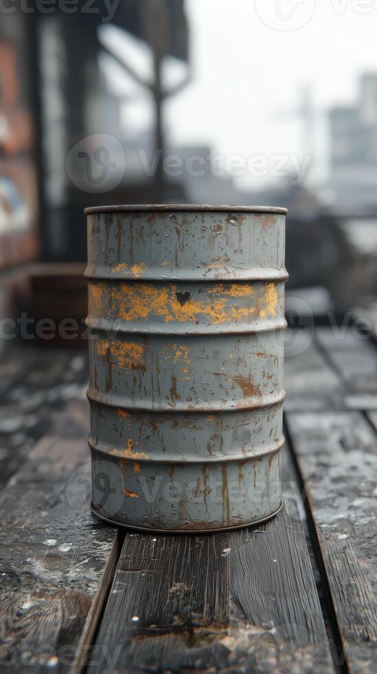 Rusty metal barrel on wooden deck with industrial background and soft bokeh effect photo