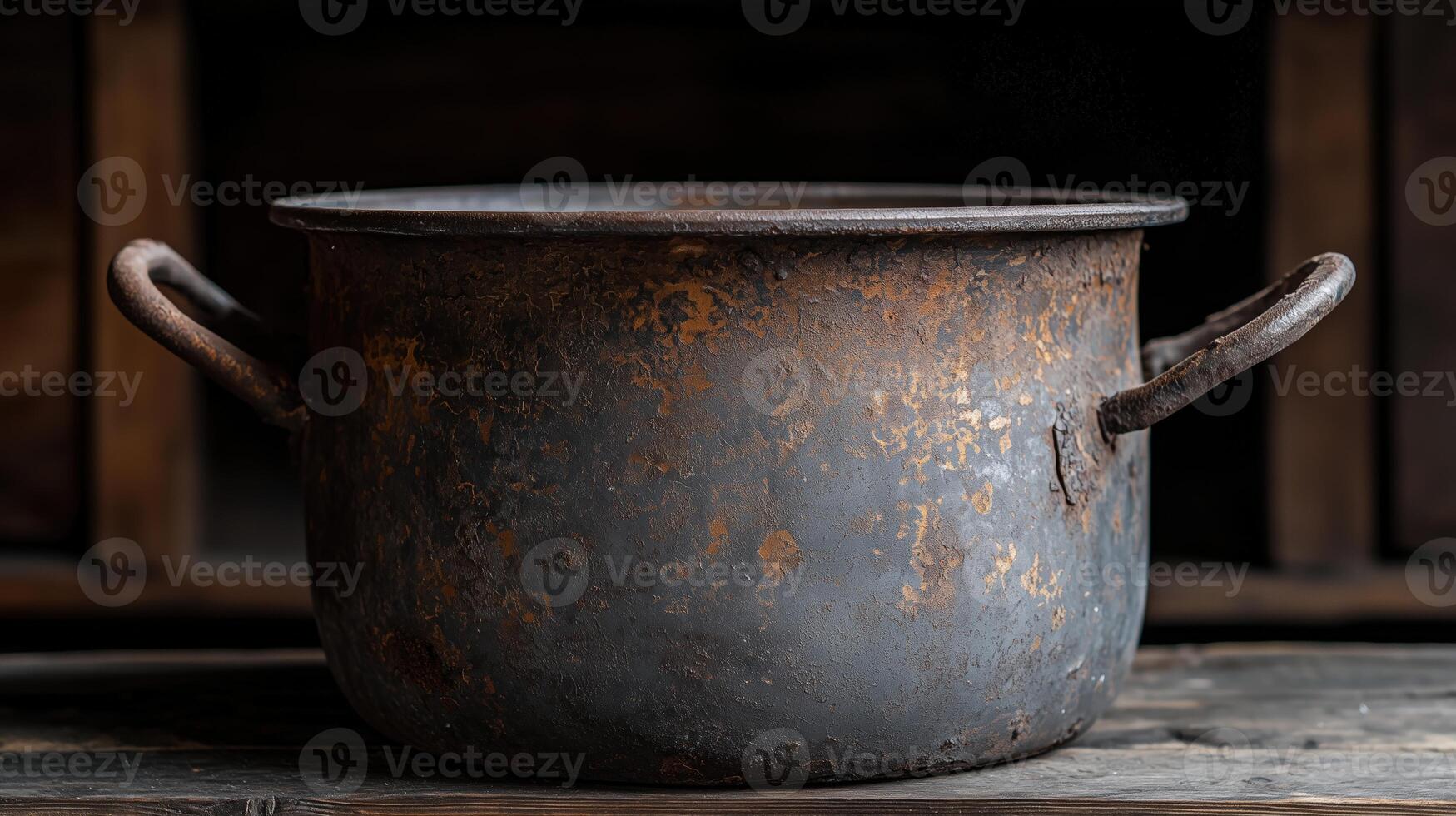 Rustic vintage pot with patina finish on wooden surface photo