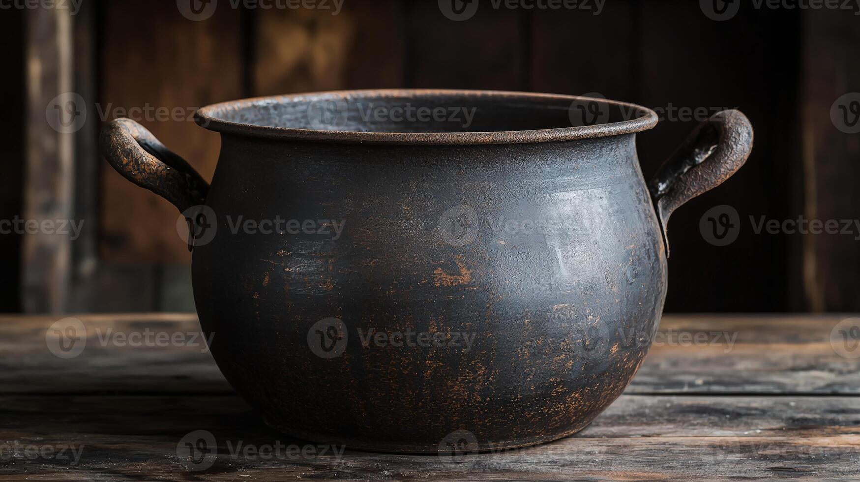 Rustic cast iron pot with handles on wooden table surface photo