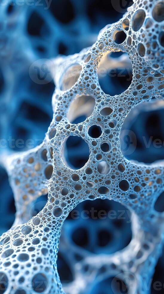 Close-up of intricate blue foam texture with bubbles and porous structure photo