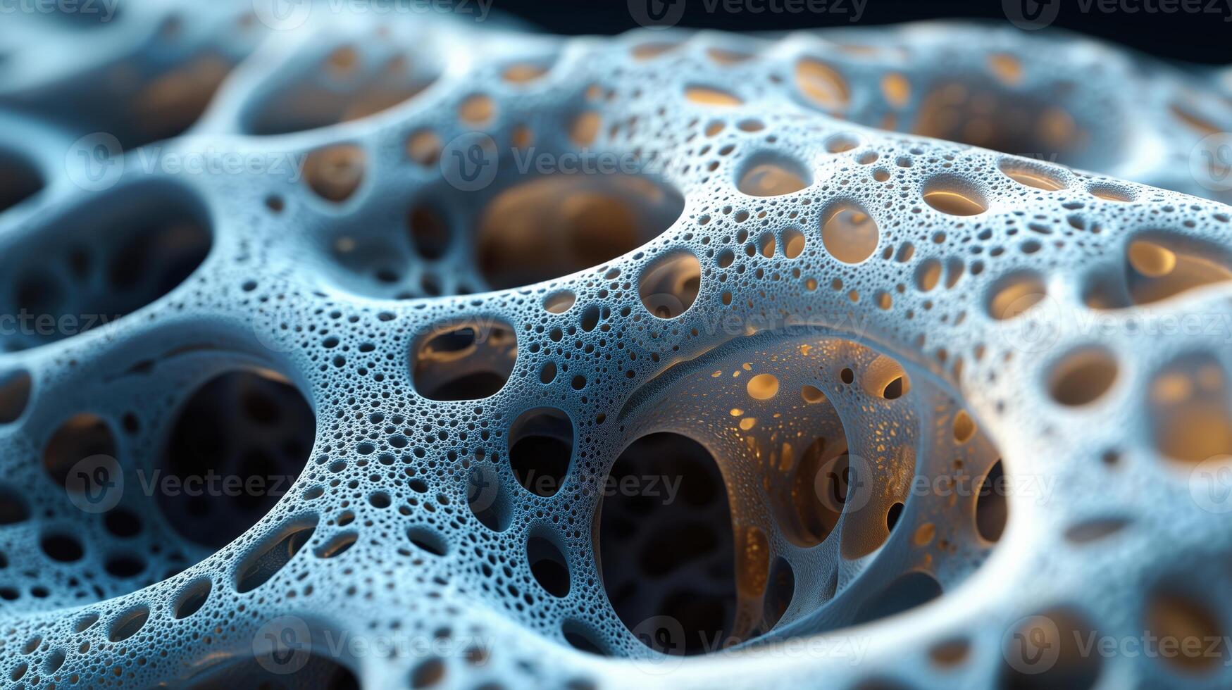 Close-up of an abstract blue sponge-like structure with intricate patterns and light reflections photo