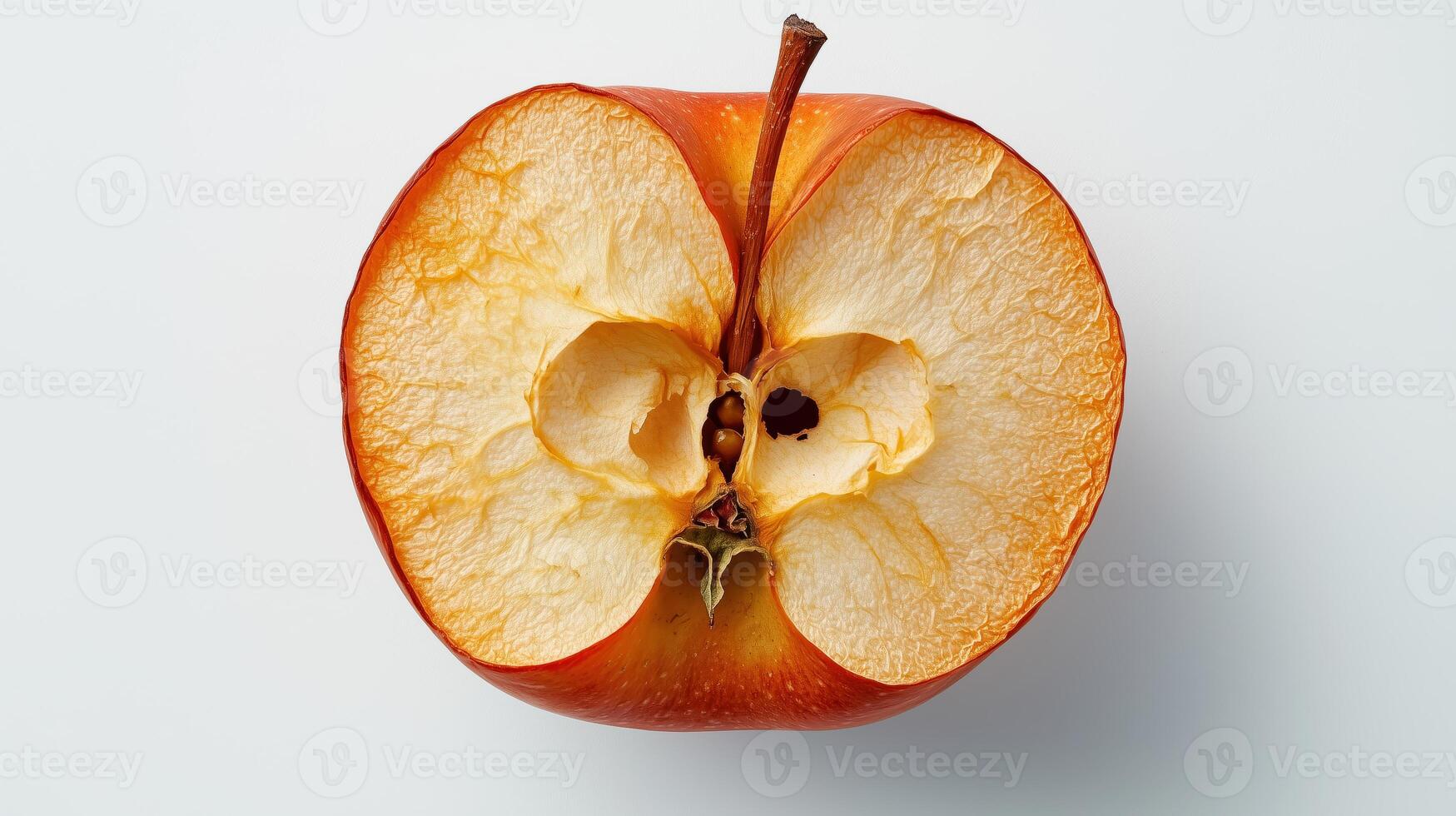 Cross-section of a fresh red apple revealing its core and seeds on a light background photo