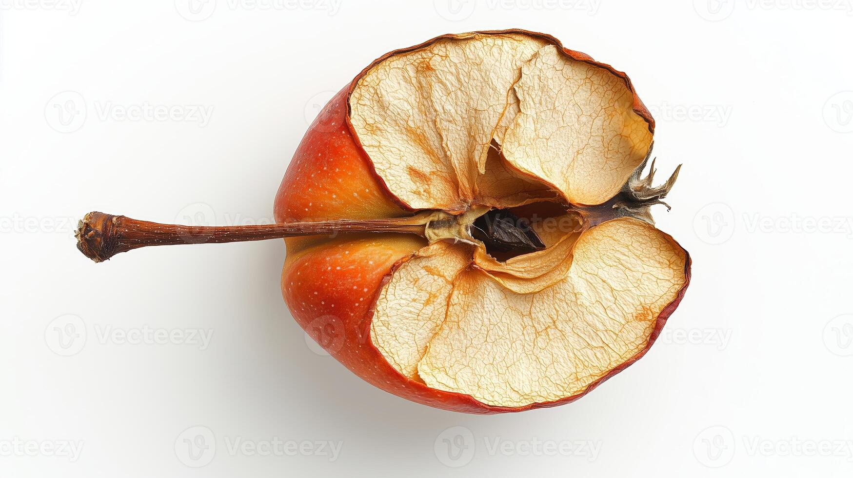Half of a dried red apple with exposed seed and textured skin on white background photo