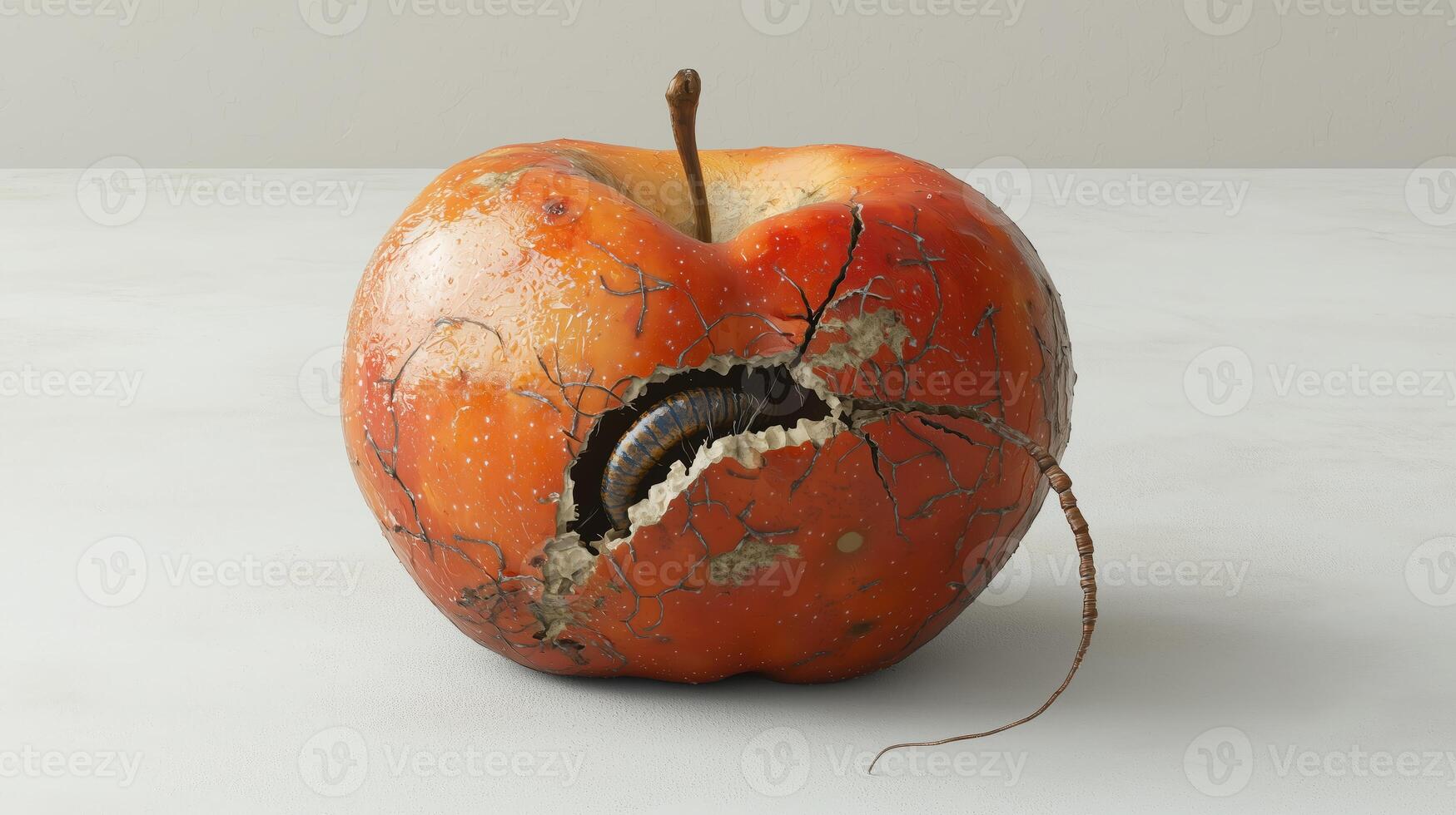 Cracked red apple with insect inside surrounded by exposed pulp and cracks photo