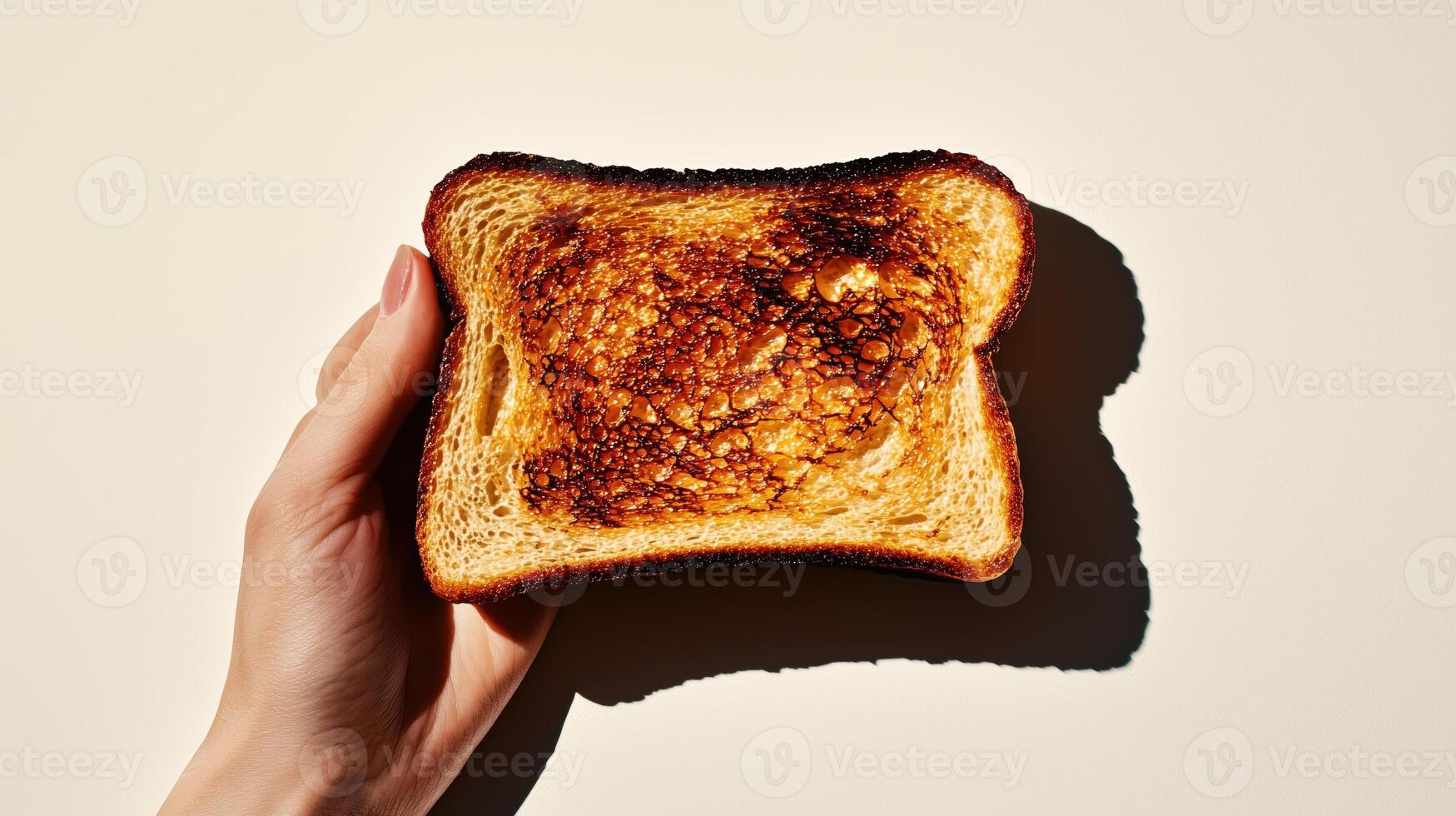 Hand holding a slice of burnt toast with golden brown edges against a light background photo