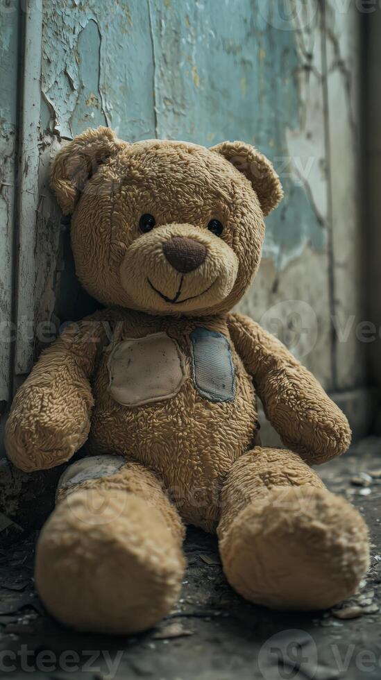 Abandoned teddy bear sitting against a distressed wall in an empty room photo