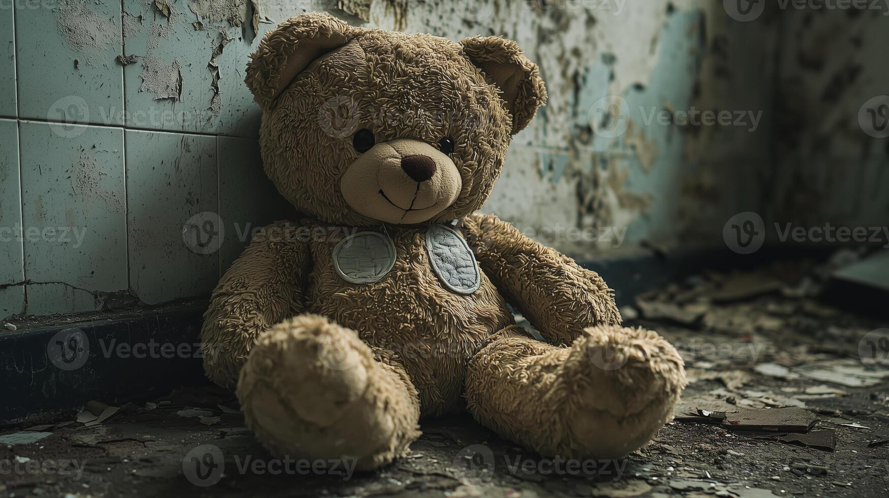 Abandoned teddy bear in a dilapidated room with peeling walls and debris on the floor photo