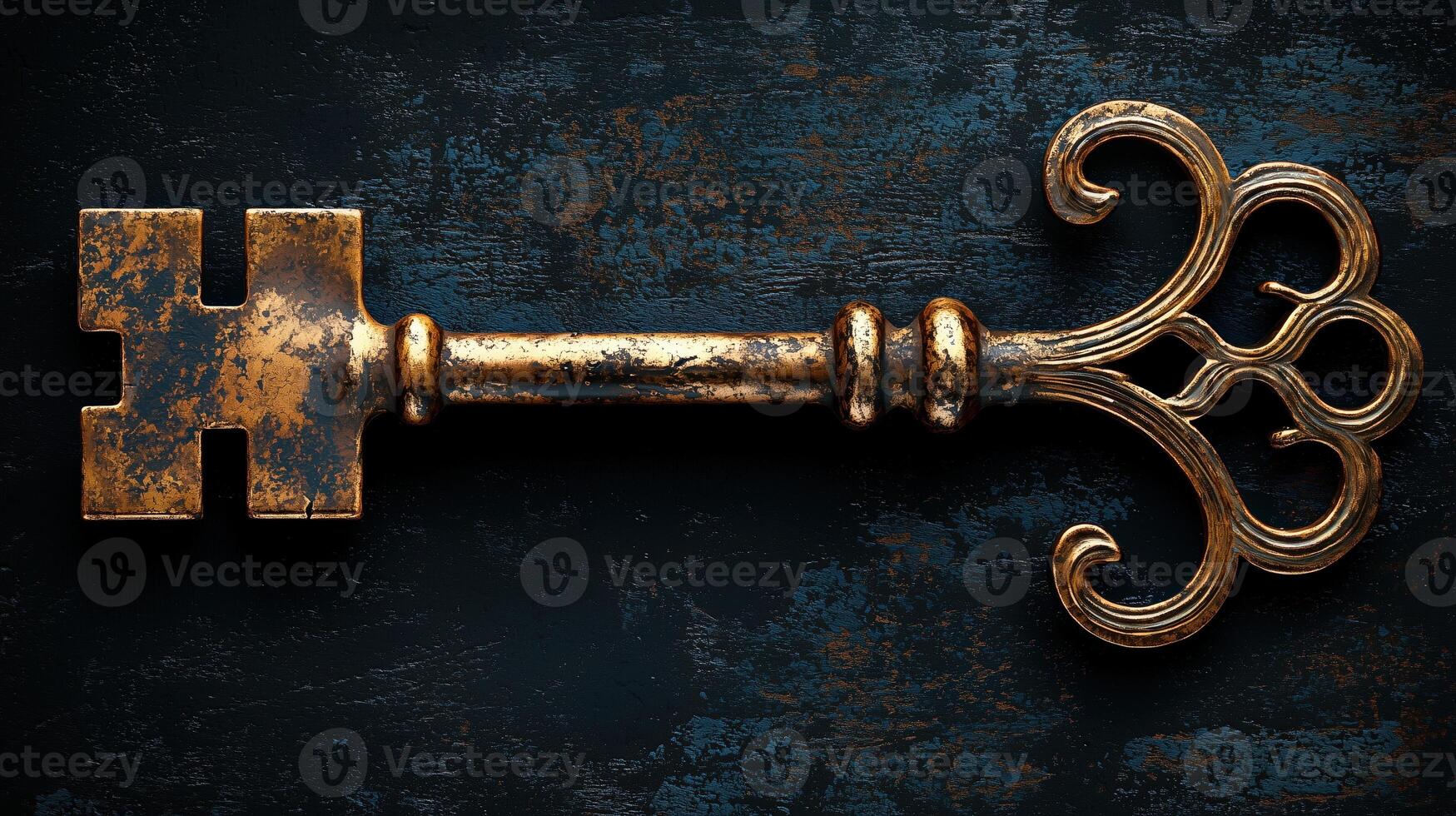 Vintage ornate key with intricate design on dark textured background photo