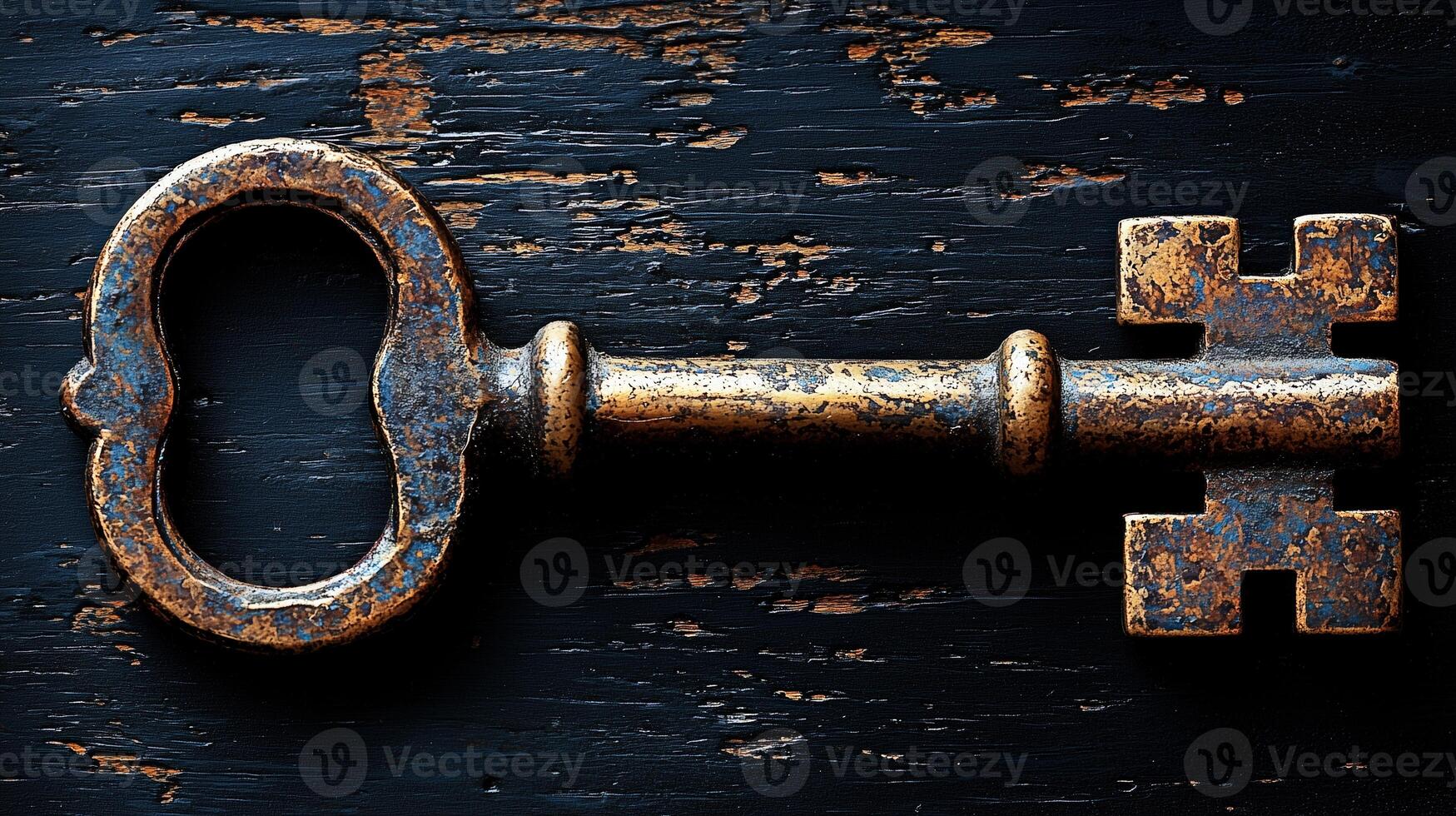Vintage key on dark wooden surface with worn texture photo