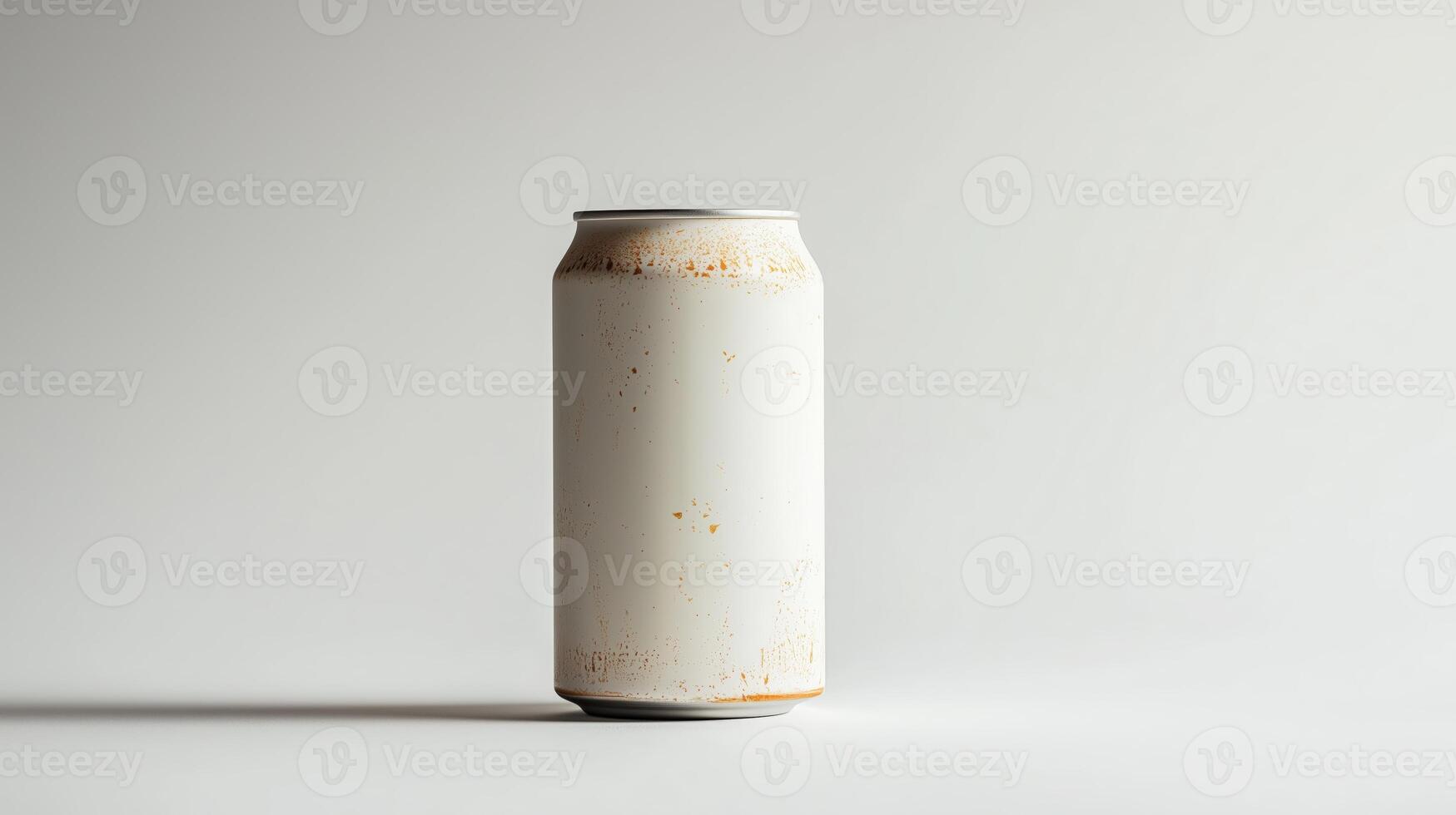 Empty white aluminum can with slight rust and dust on a minimalistic background photo