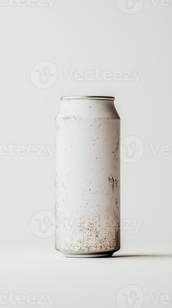 Worn white aluminum can with rustic texture on a minimalist background photo