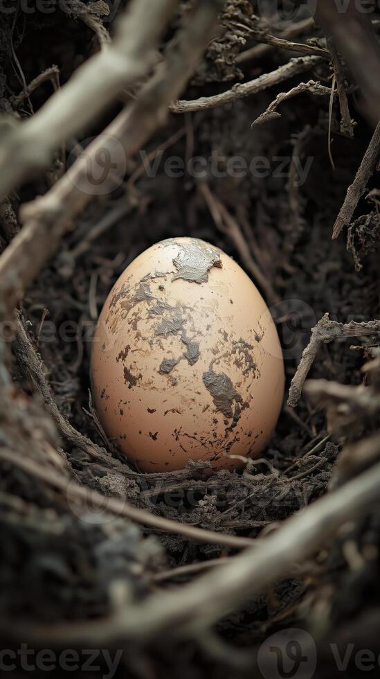 Brown egg nestled in earthy nest surrounded by twigs and roots photo