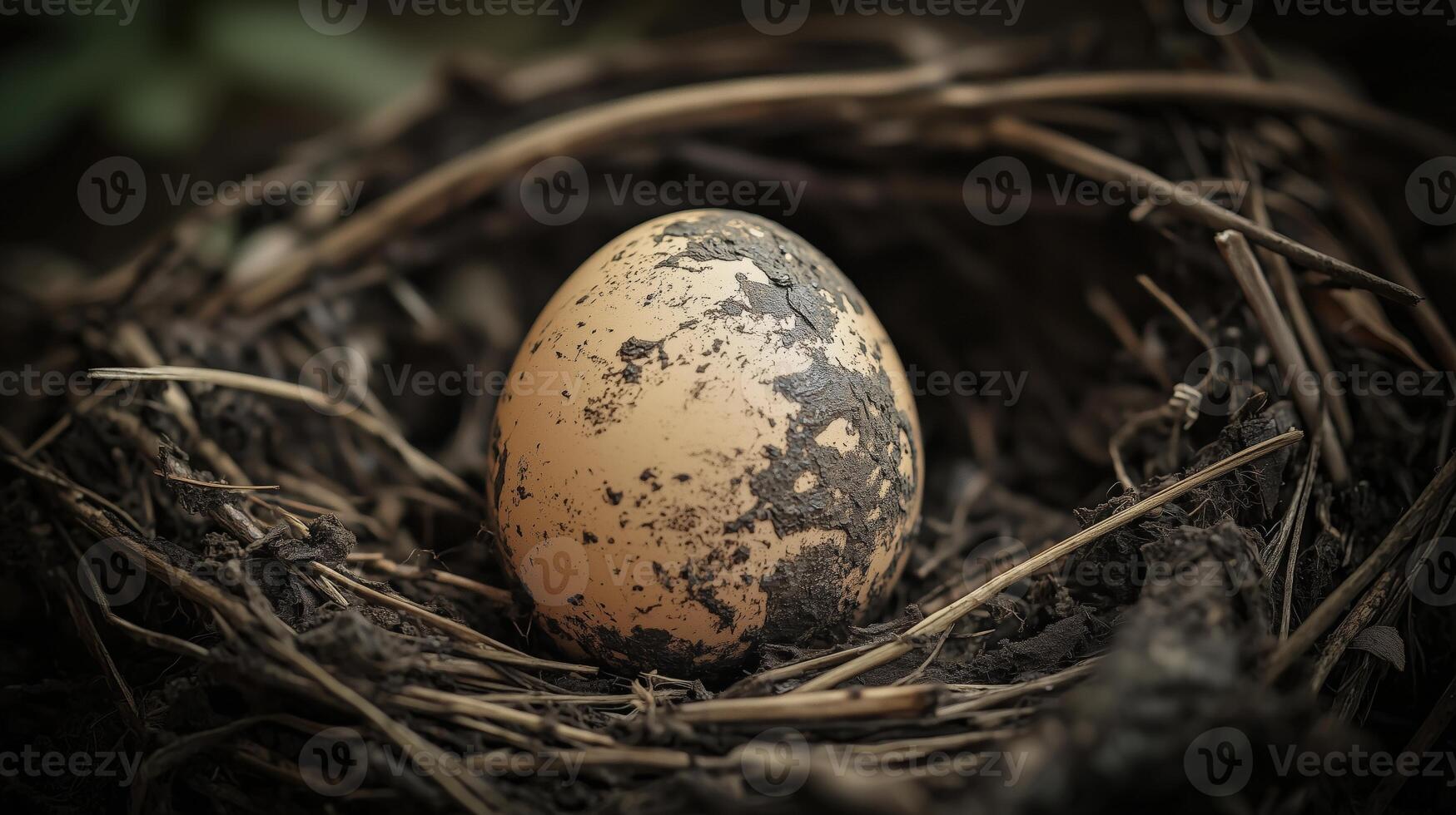 Close-up of a speckled egg nestled in a natural nest surrounded by twigs and dried grass photo