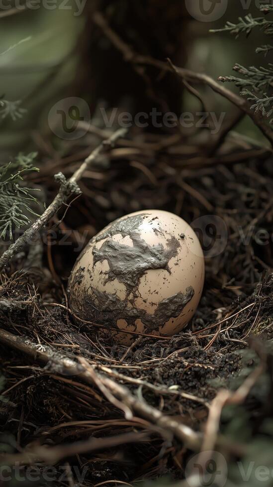 Single bird egg in a natural nest surrounded by twigs and greenery photo