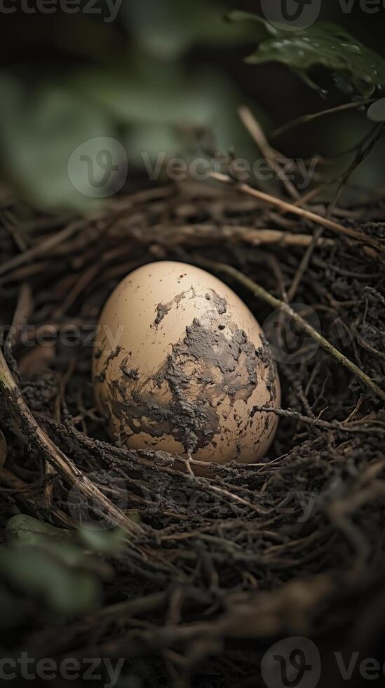 Close-up of a brown egg in a nest surrounded by twigs and leaves photo