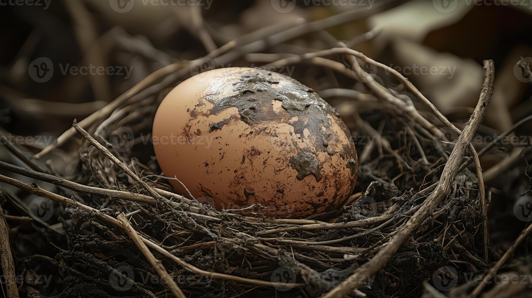 Brown egg sitting in nest surrounded by twigs and leaves photo