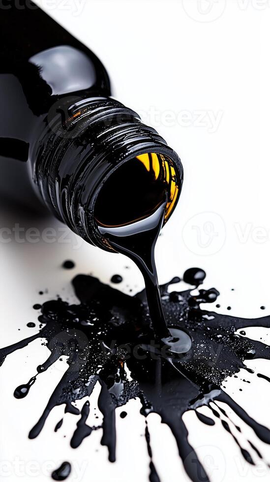 Spilled black paint pouring from a bottle creating artistic splatter and glossy texture photo