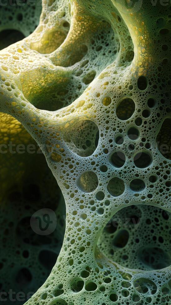 Close-up of intricate green and yellow bubble patterns resembling natural cellular structures photo