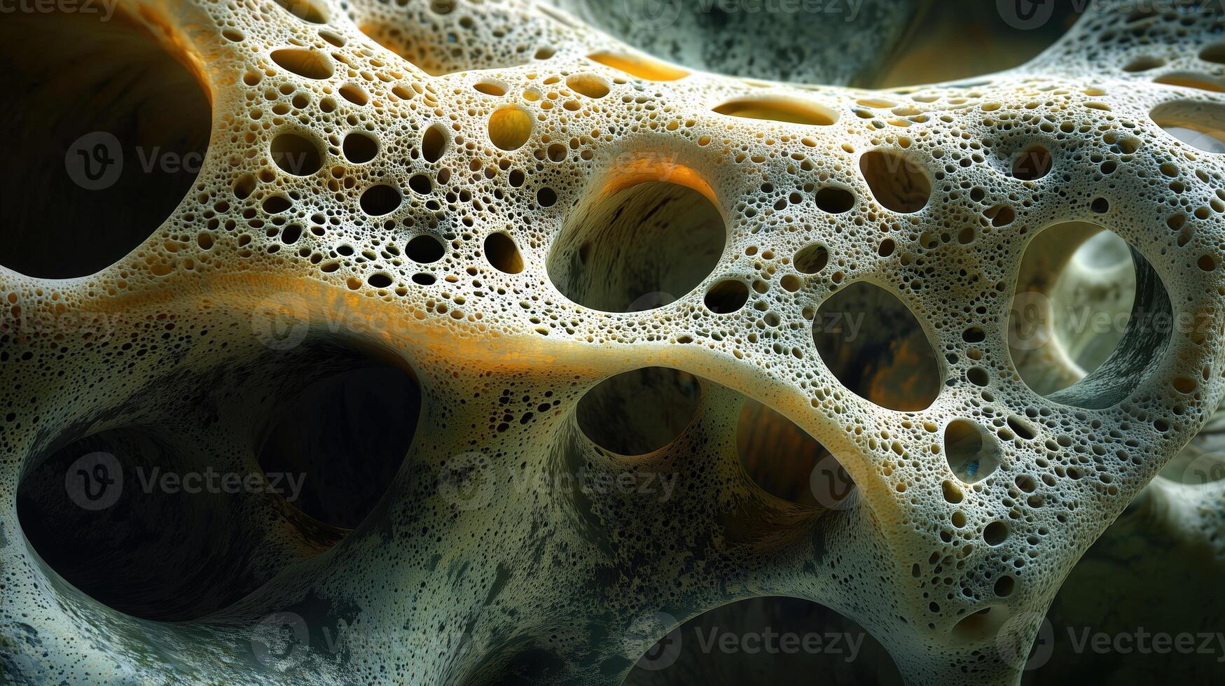 Abstract close-up of textured sponge-like surface with intricate holes and bubbles photo
