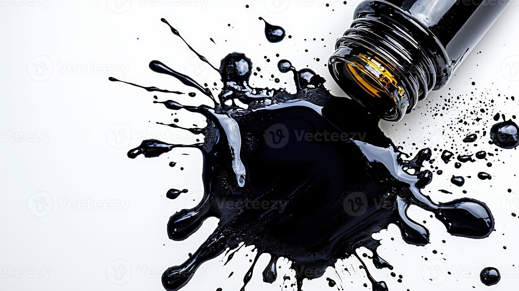 Spilled black paint from a bottle creating dynamic abstract splashes on a white surface photo