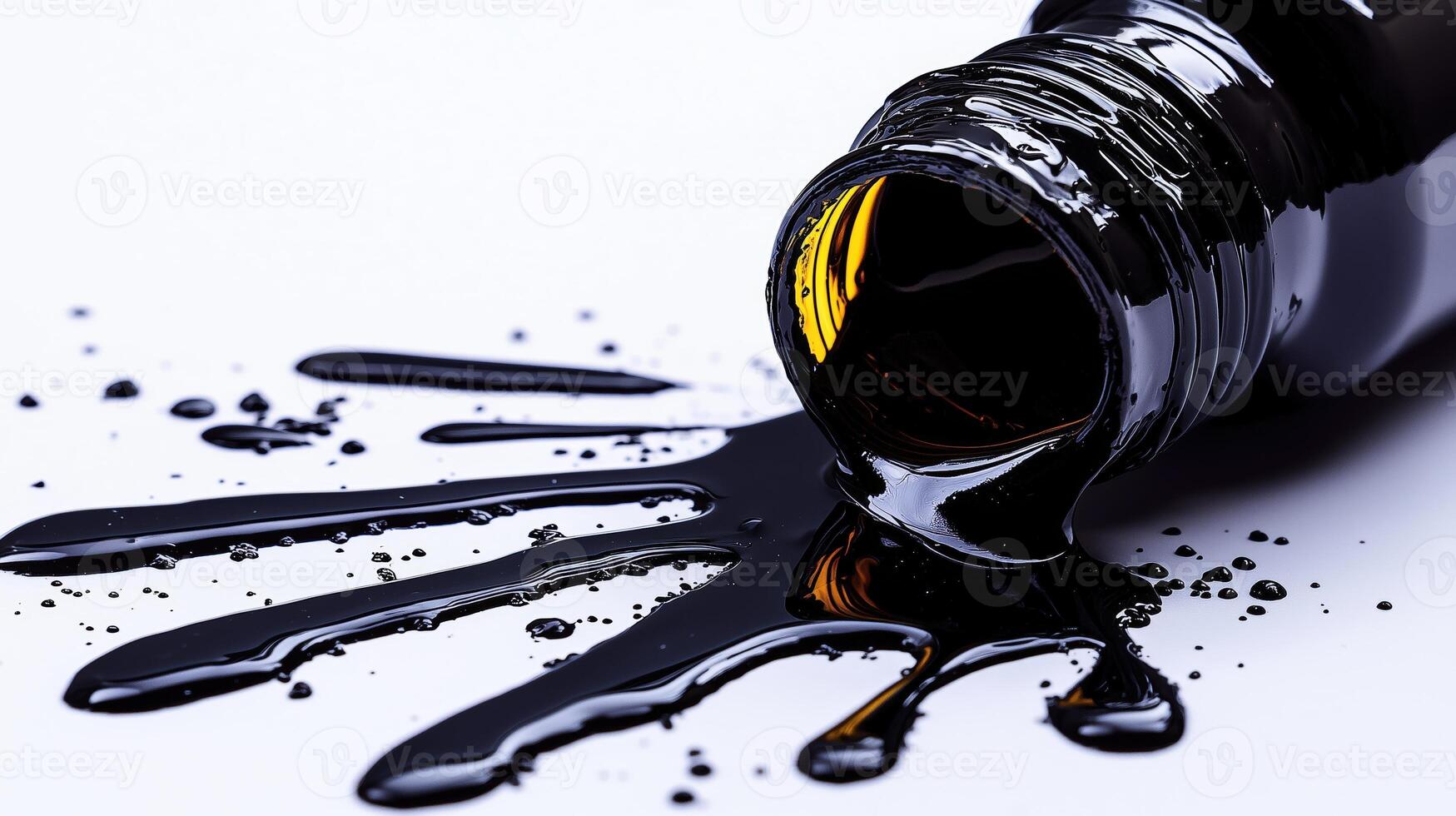Spilled black ink from glass bottle creating abstract art on white surface photo
