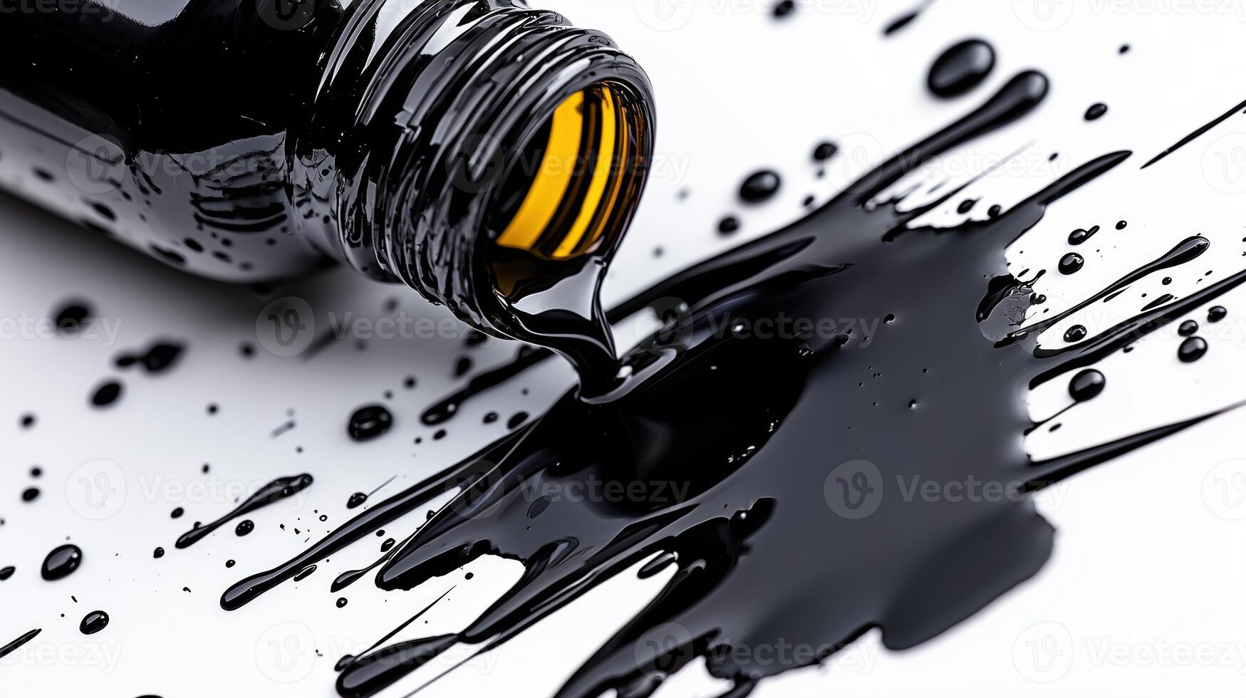 Black ink spill from glass bottle on white background with splashes photo