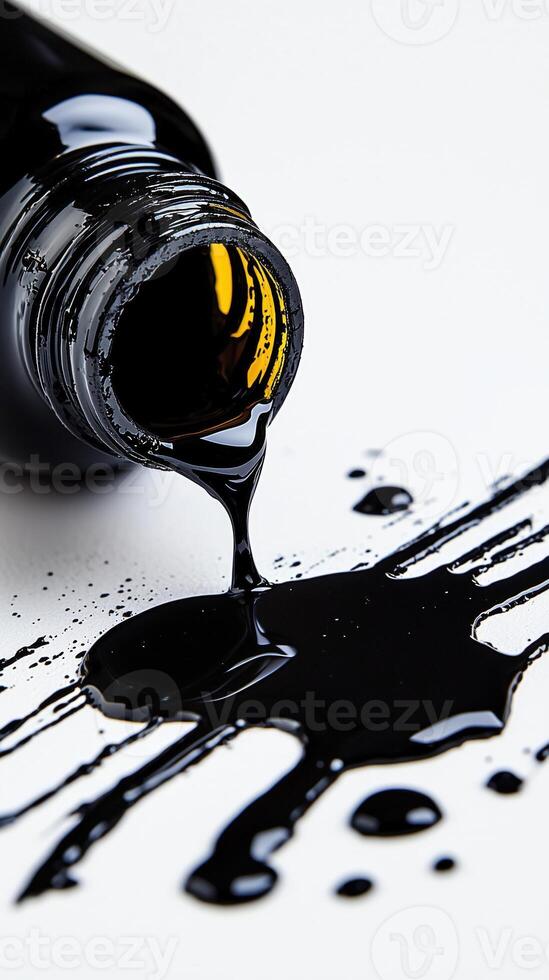 Spilled black ink from a bottle creating a glossy abstract background photo