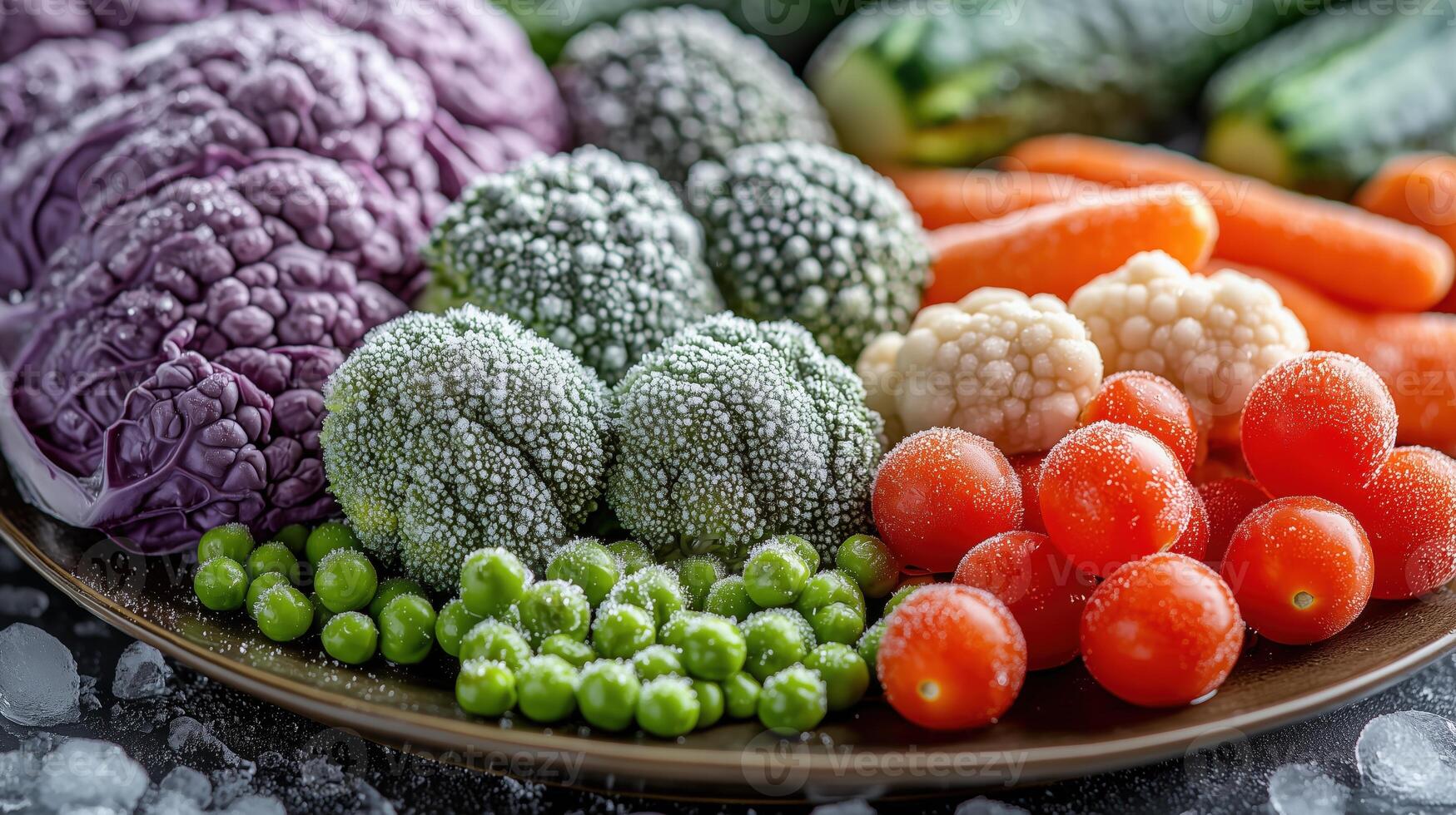 Colorful assortment of fresh frozen vegetables including broccoli, peas, and carrots on a dark plate photo