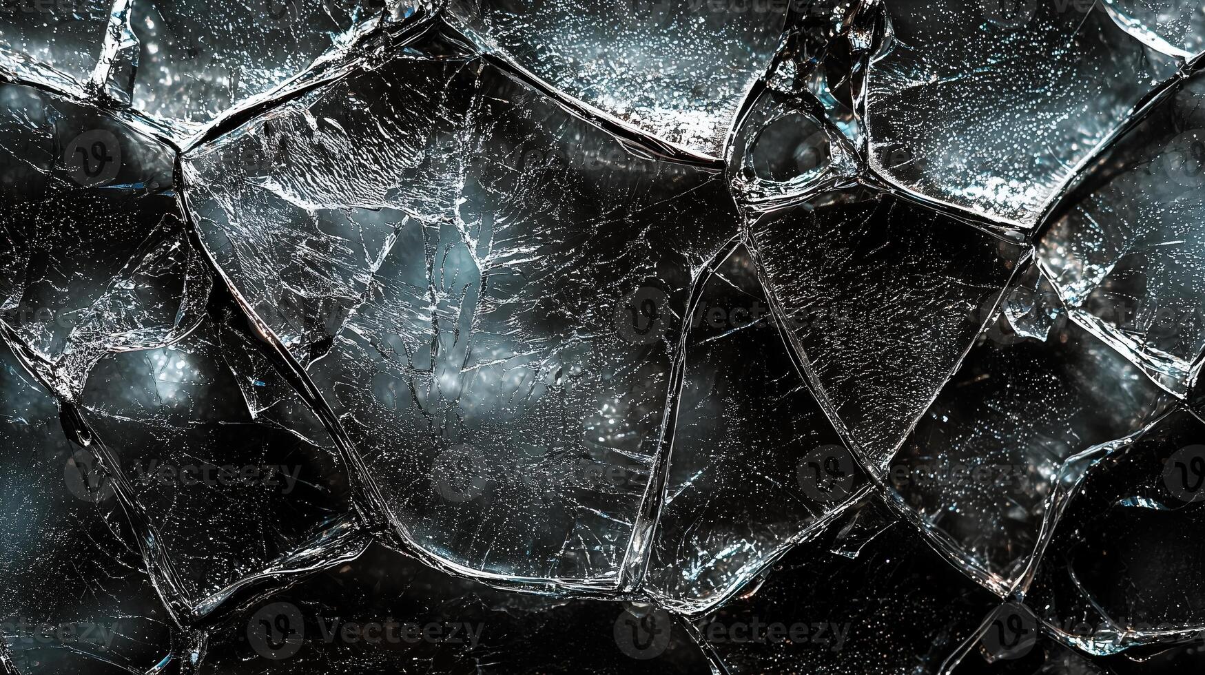 Abstract close-up of shattered ice with reflection and textured patterns photo