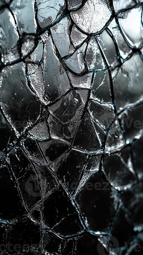 Close-up of fractured glass surface with intricate patterns and moisture droplets photo