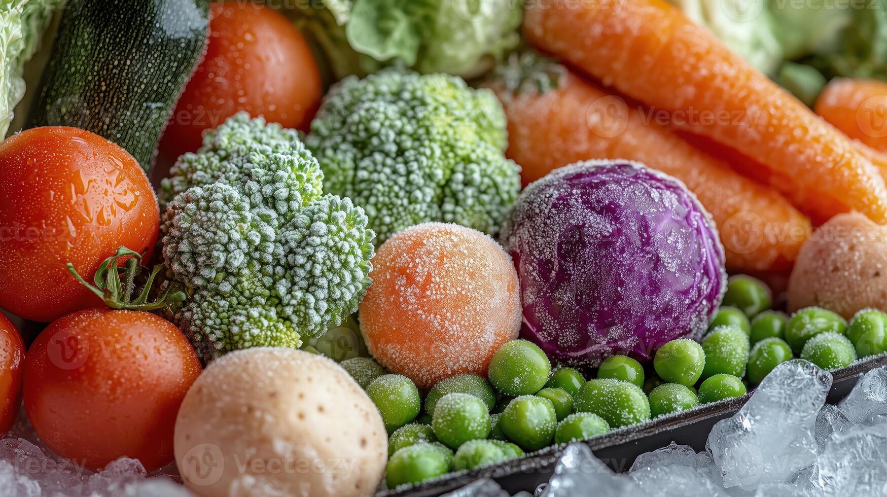Colorful array of frozen vegetables including broccoli, carrots, peas, and tomatoes on a bed of ice photo