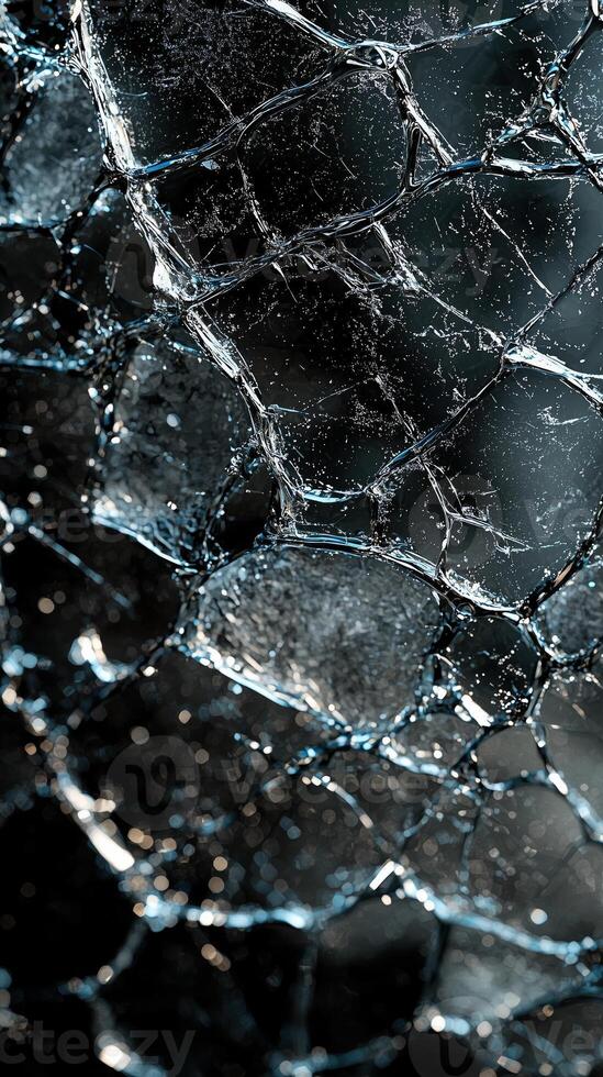 Close-up of shattered glass with intricate patterns and reflections photo