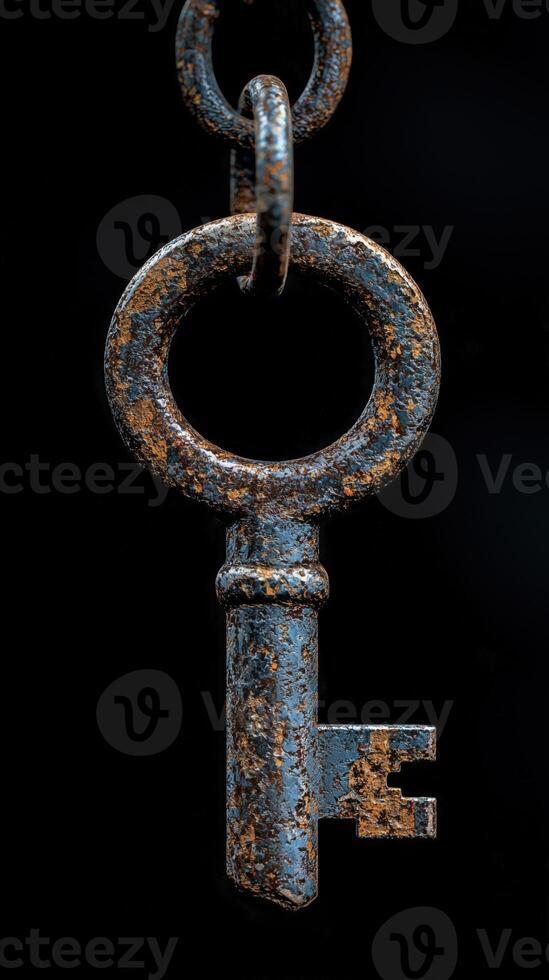 Rusty vintage key hanging on a chain, showcasing weathered texture and aged metal surface photo