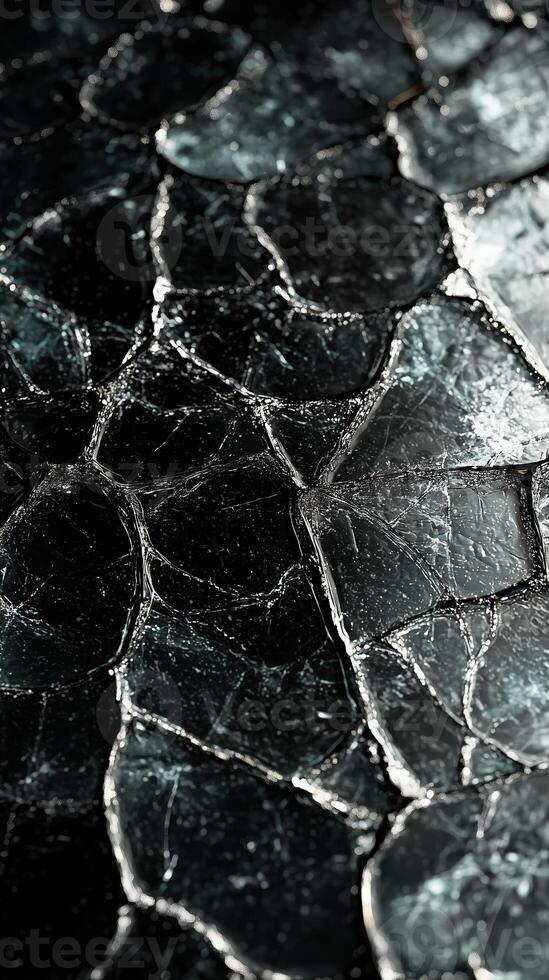 Close-up of cracked black glass with intricate texture and reflections photo