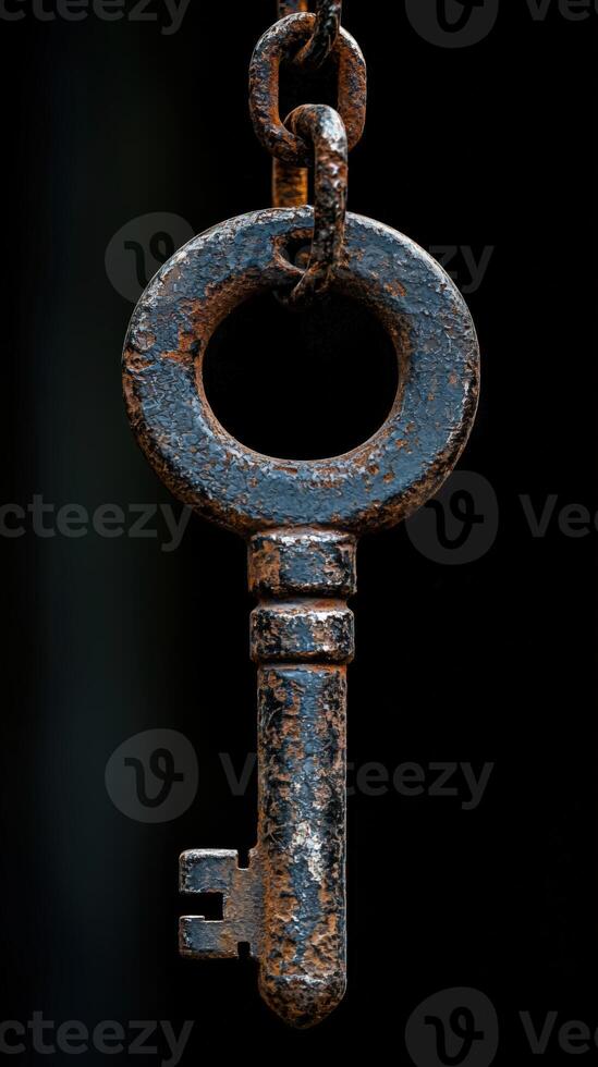 Close-up of a vintage rusty metal key hanging on a dirty chain against a dark background photo