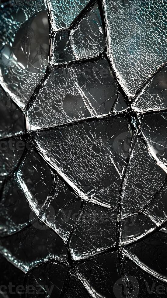 Close-up of shattered glass surface with intricate crack patterns and reflections photo
