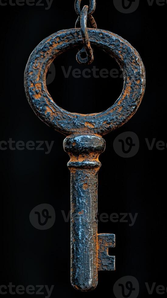 Rusty vintage key hanging from a chain with a dark background photo