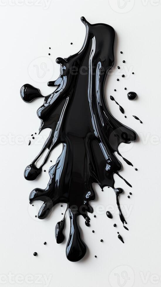 Abstract black paint splash on white background, dripping and spilling photo