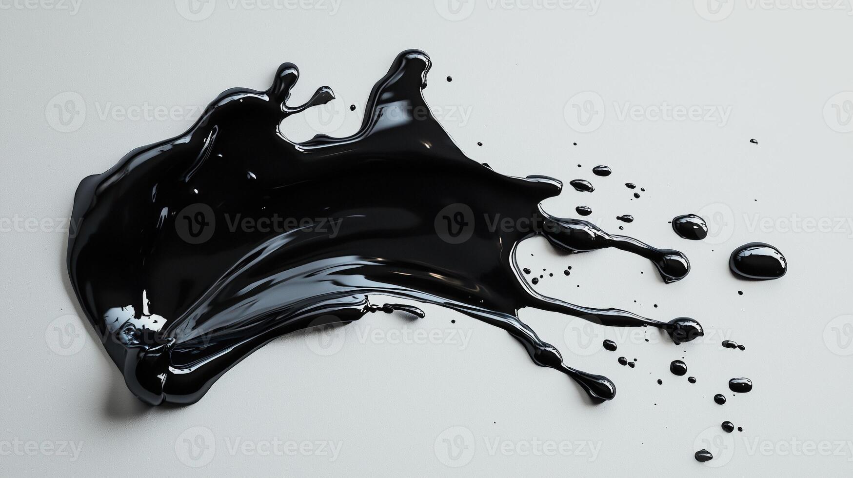 Liquid black paint splash with droplets on a gray background photo