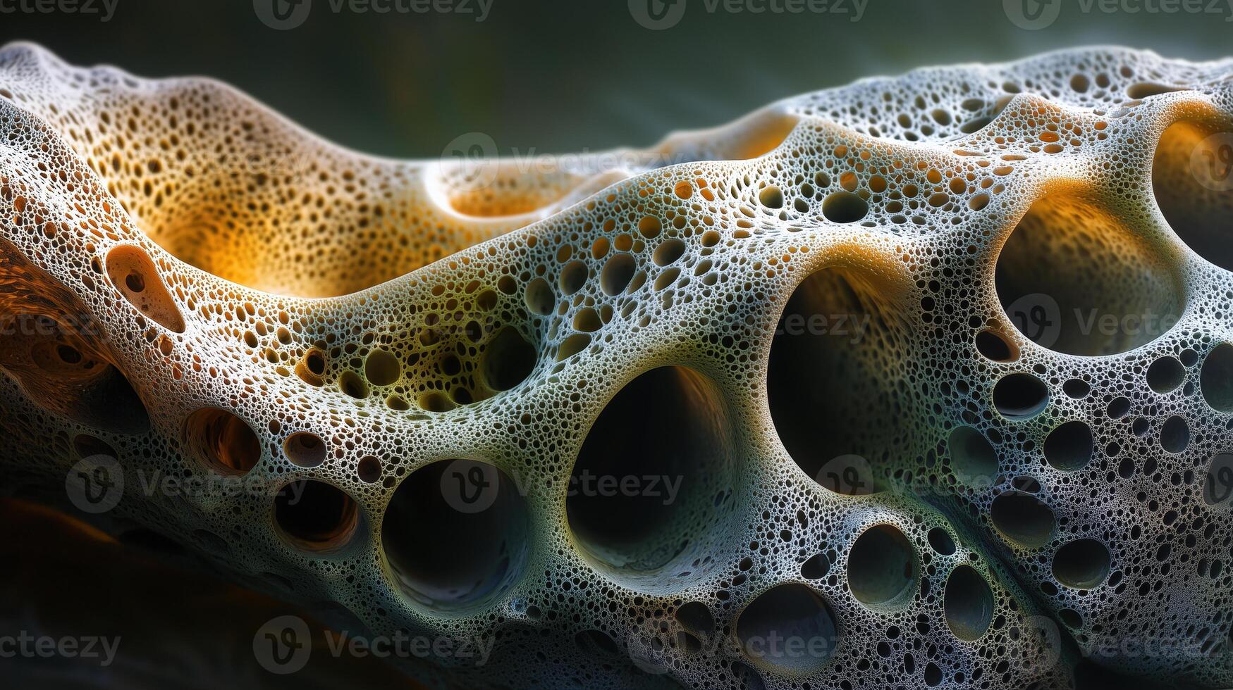 Abstract close-up of a natural sponge with intricate holes and textures illuminated by soft light photo