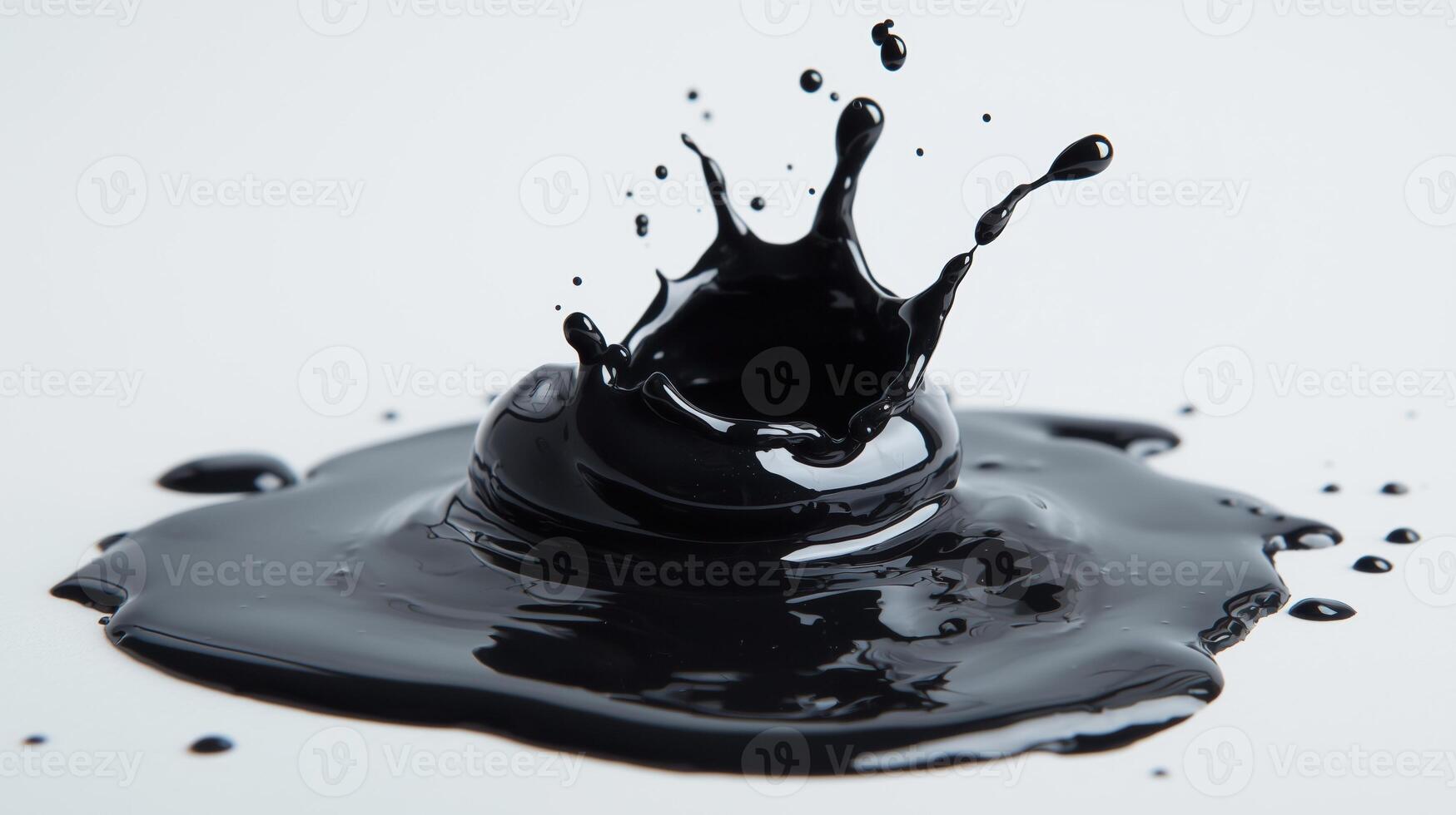 Black paint splash creating dynamic ripples on white background photo