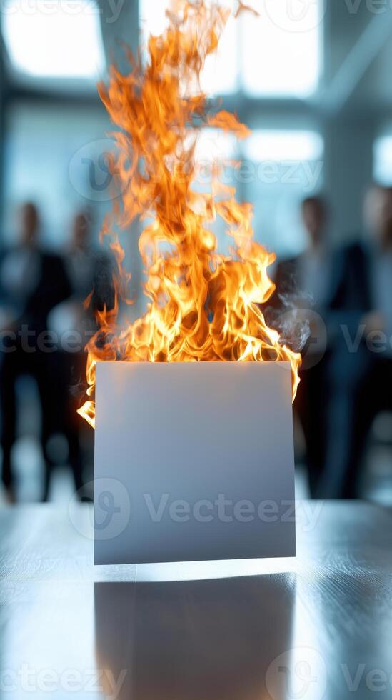 Burning document in office environment with abstract flames and professionals in background photo