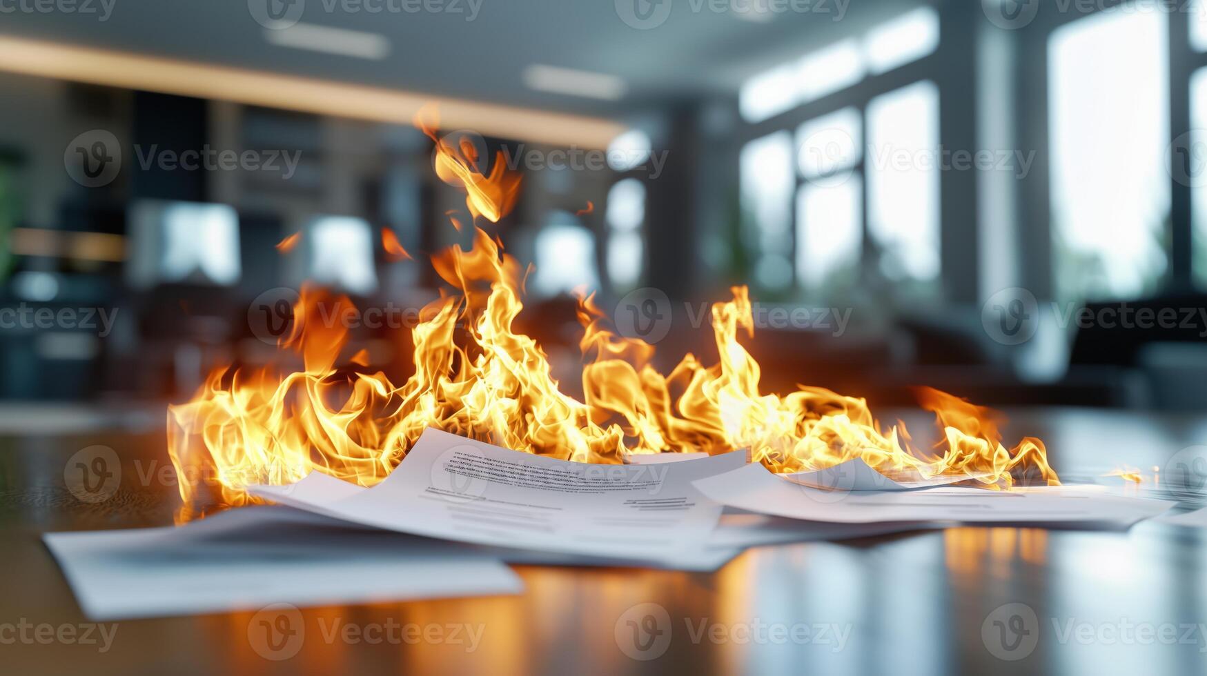 Burning papers on a table in a modern office environment photo