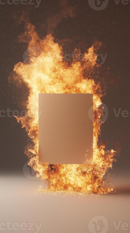 Flaming blank canvas surrounded by flames on a dark background photo